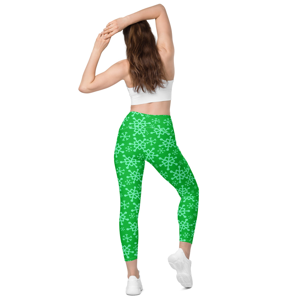 Women’s Green Snowflake Christmas Yoga Leggings With Pockets – High-Waisted, Soft Compression Active Pants