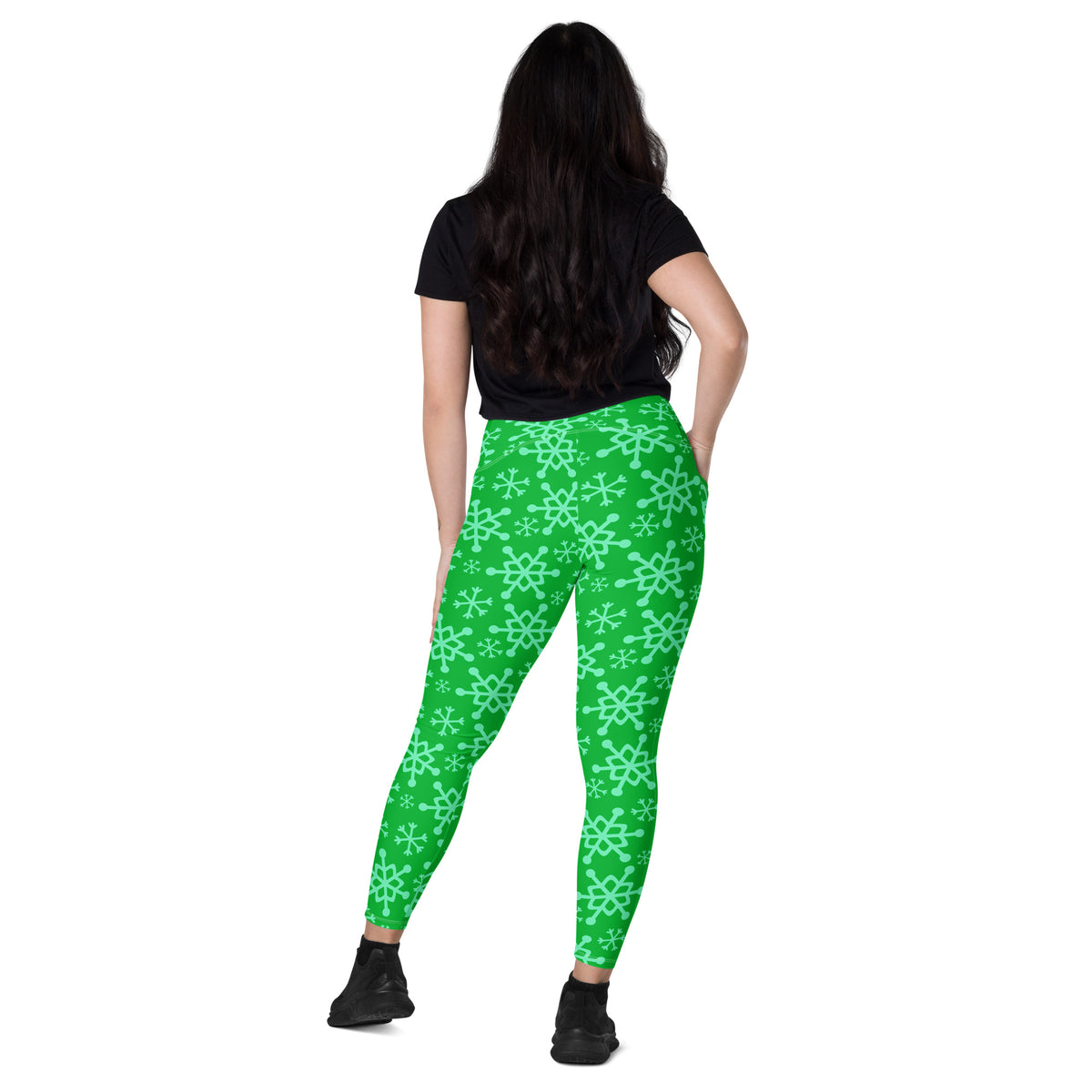 Women’s Green Snowflake Christmas Yoga Leggings With Pockets – High-Waisted, Soft Compression Active Pants