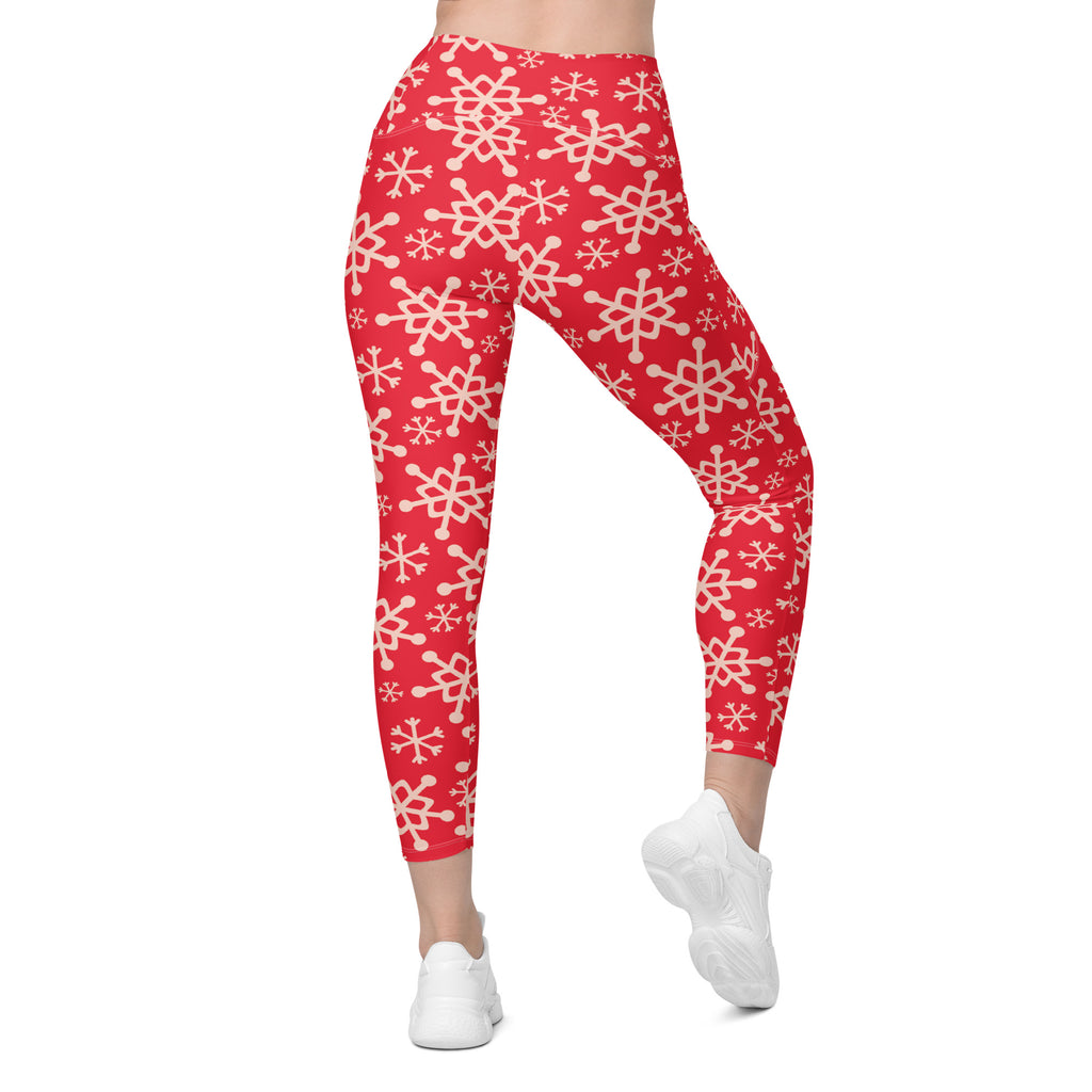 Women’s Red Snowflake Christmas Yoga Leggings With Pockets – High-Waisted, Soft Compression Active Pants