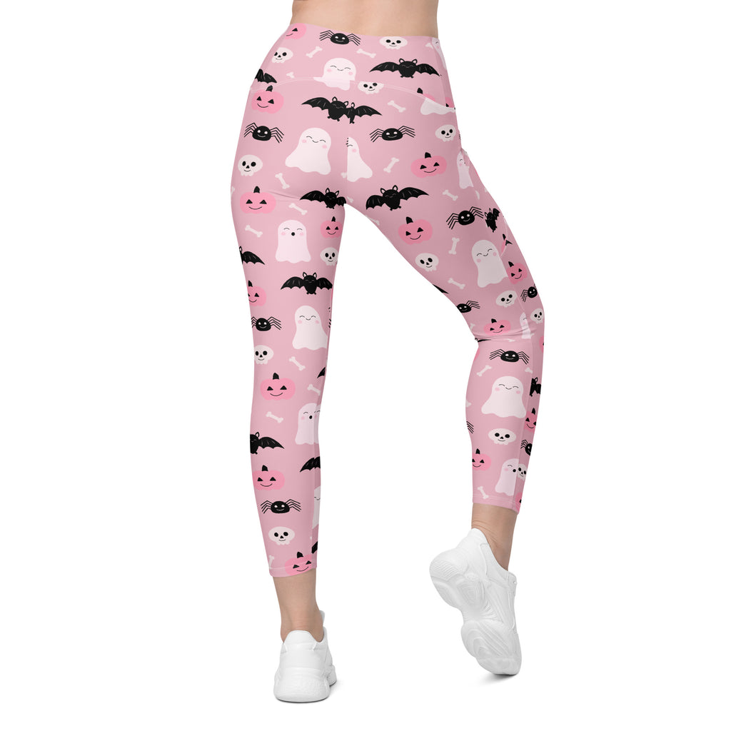 Women’s Pink Halloween Leggings With Pockets – High-Waisted, Soft Compression Active Pants