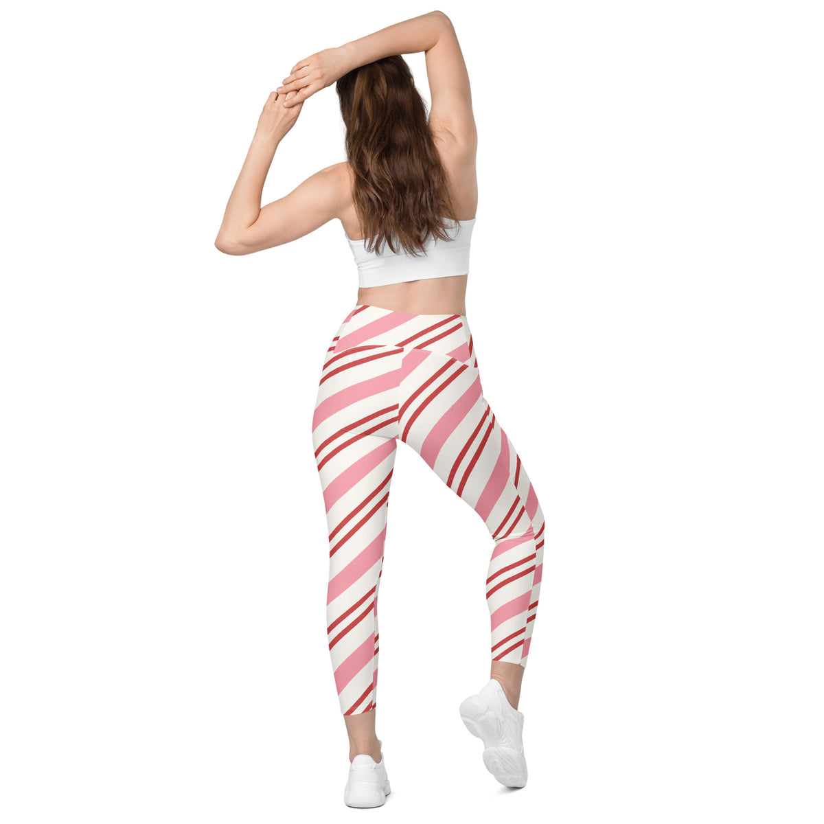 Women’s Pink Candy Cane Stripe Leggings With Pockets – High-Waisted, Soft Compression Active Pants