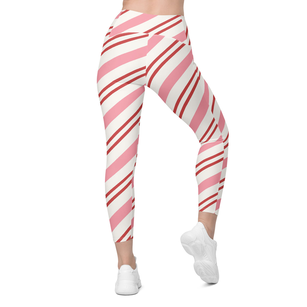 Women’s Pink Candy Cane Stripe Leggings With Pockets – High-Waisted, Soft Compression Active Pants