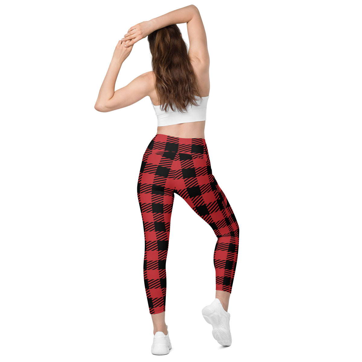 Women’s Red & Black Buffalo Plaid Leggings With Pockets – High-Waisted, Soft Compression Active Pants
