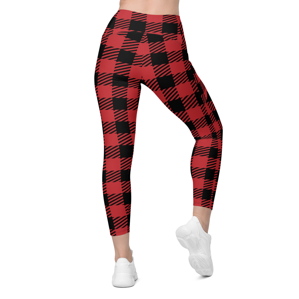 Women’s Red & Black Buffalo Plaid Leggings With Pockets – High-Waisted, Soft Compression Active Pants