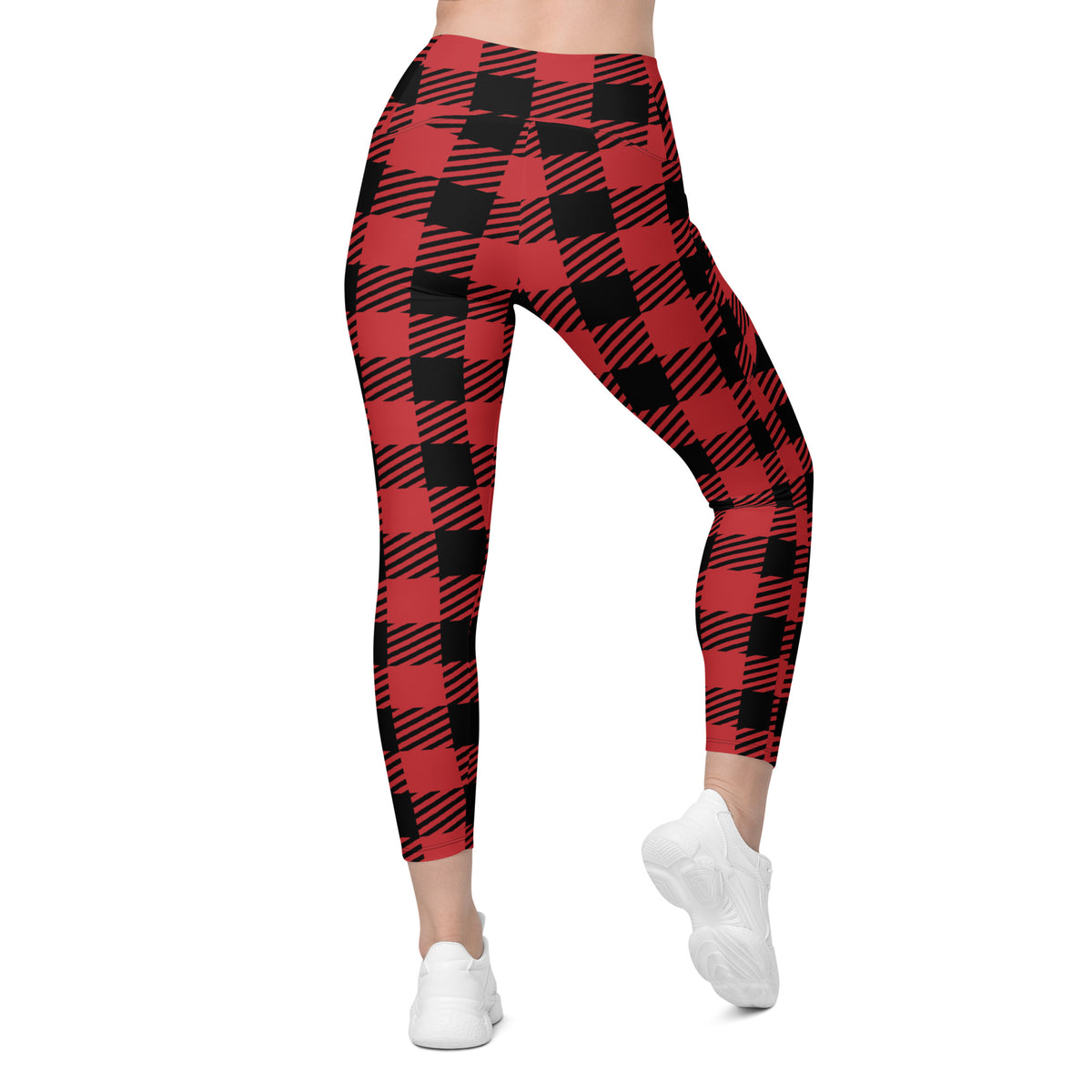 Women’s Red & Black Buffalo Plaid Leggings With Pockets – High-Waisted, Soft Compression Active Pants