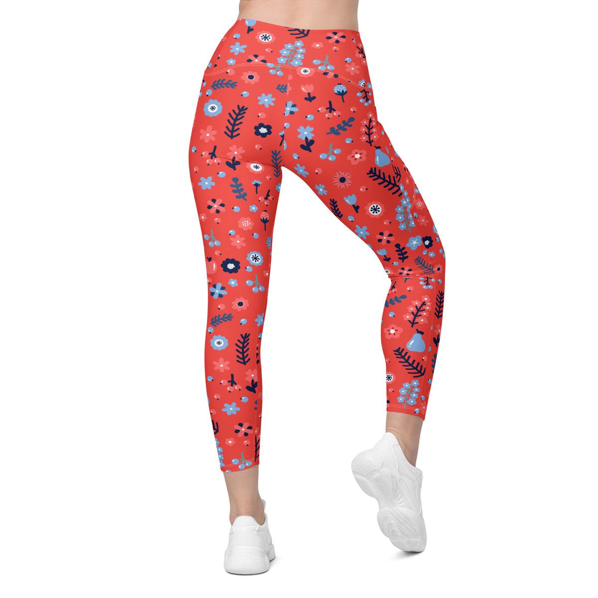 Women’s Coral Floral Leggings With Pockets – High-Waisted, Soft Compression Active Pants