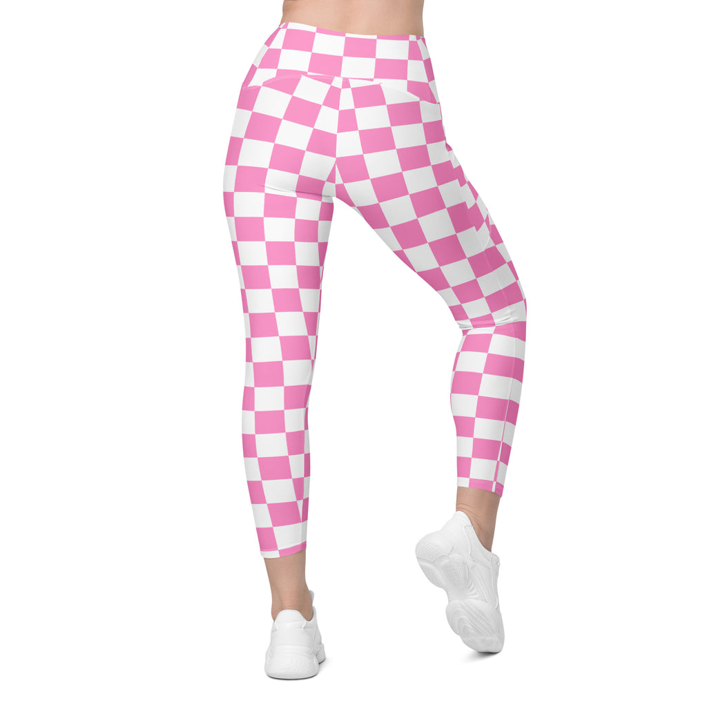 Women’s Pink Checkered Leggings With Pockets – High-Waisted, Soft Compression Active Pants