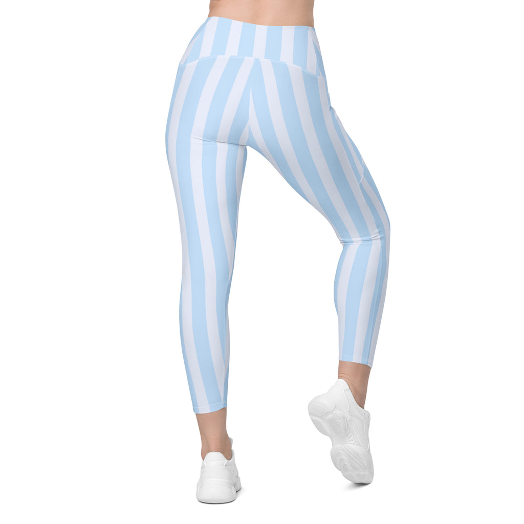 Women’s Light Blue Striped Leggings With Pockets – High-Waisted, Soft Compression Active Pants