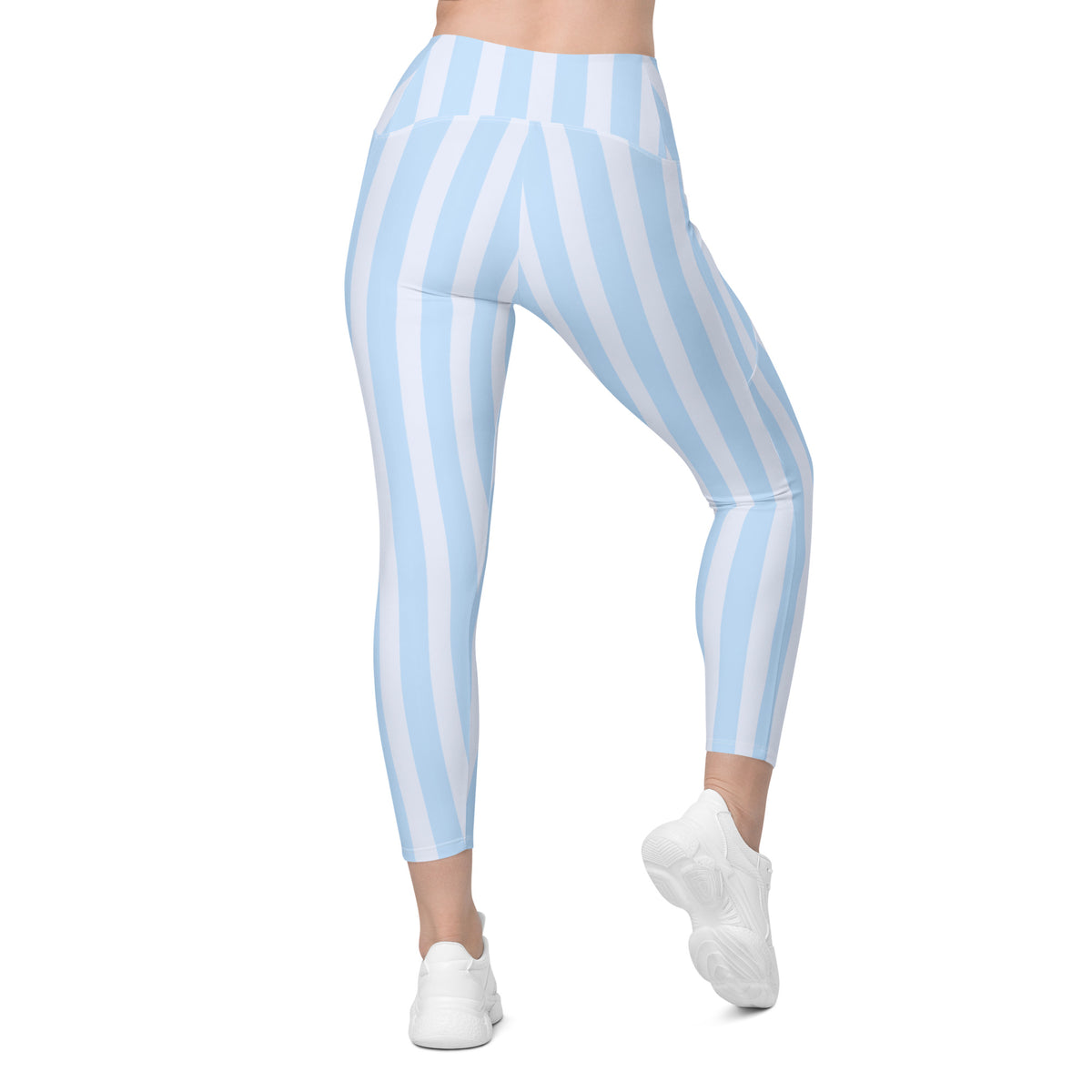 Women’s Light Blue Striped Leggings With Pockets – High-Waisted, Soft Compression Active Pants