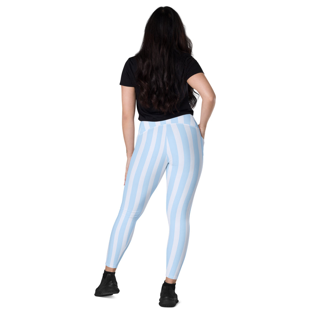 Women’s Light Blue Striped Leggings With Pockets – High-Waisted, Soft Compression Active Pants