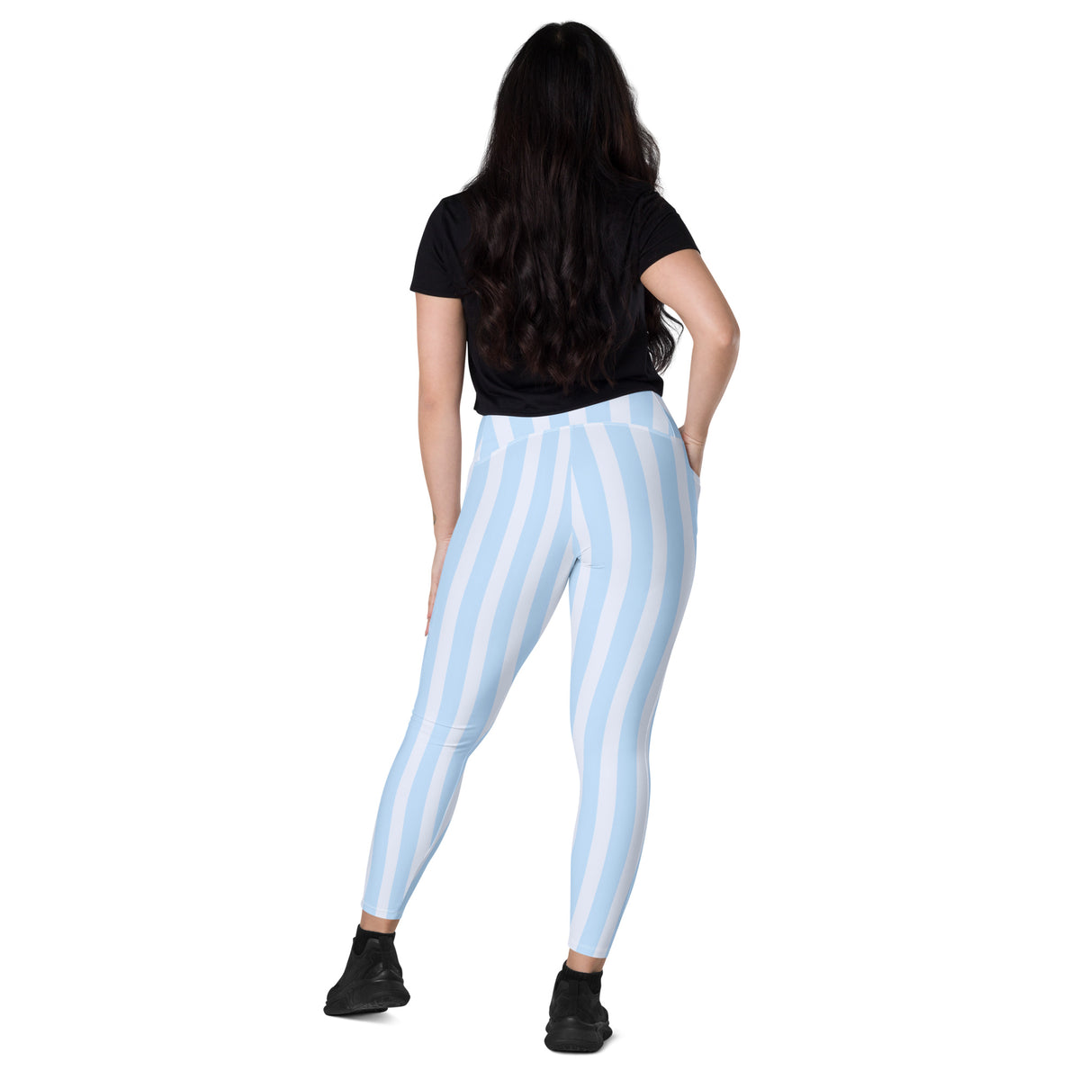 Women’s Light Blue Striped Leggings With Pockets – High-Waisted, Soft Compression Active Pants