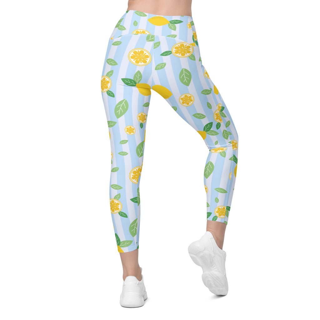 Women’s Lemon Stripe Leggings With Pockets – High-Waisted, Soft Compression Active Pants