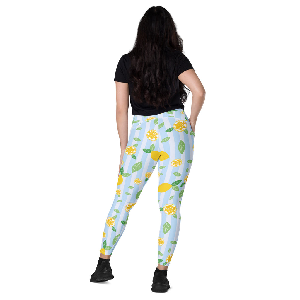Women’s Lemon Stripe Leggings With Pockets – High-Waisted, Soft Compression Active Pants