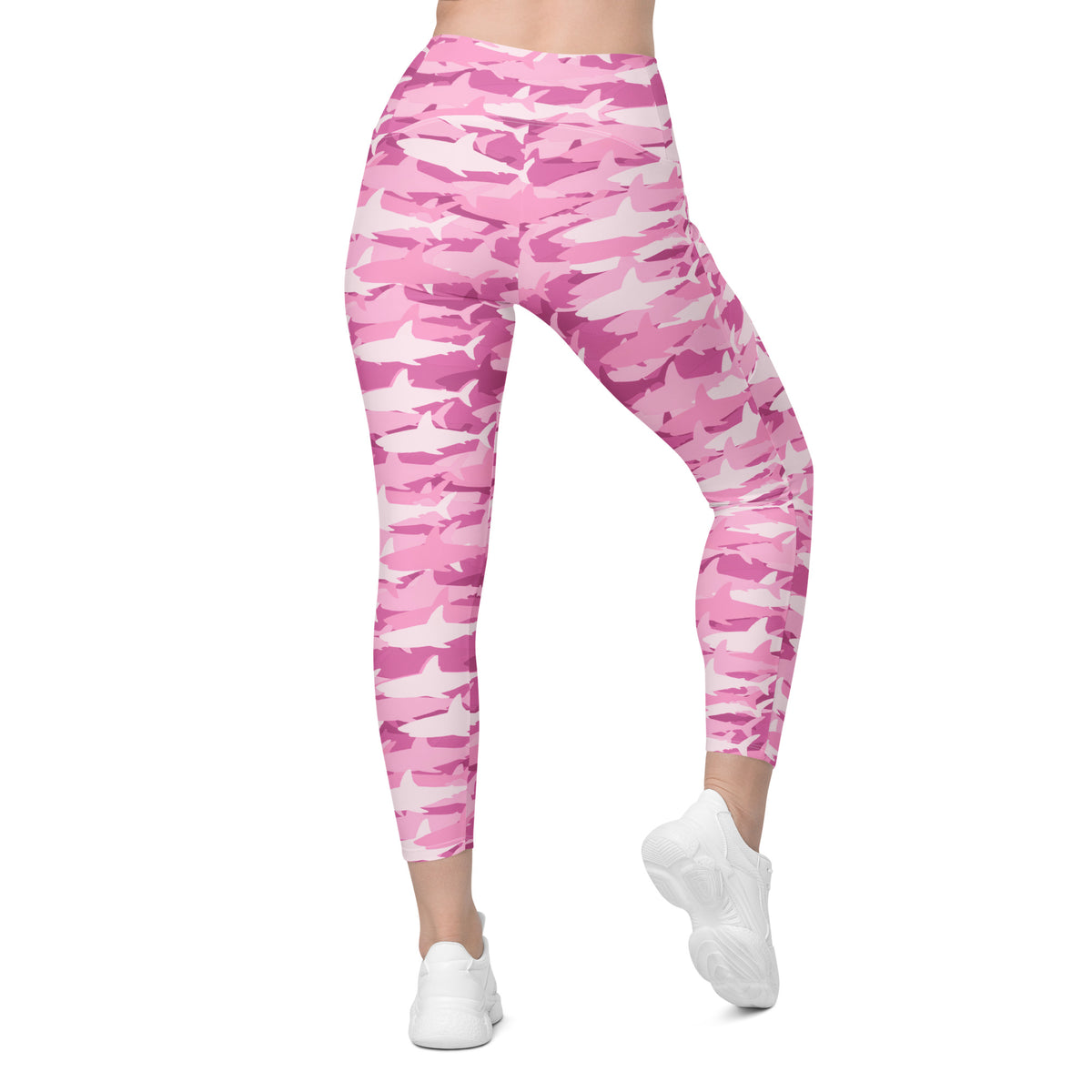 Women’s Pink Shark Camouflage Yoga Leggings With Pockets – High-Waisted, Soft Compression Active Pants