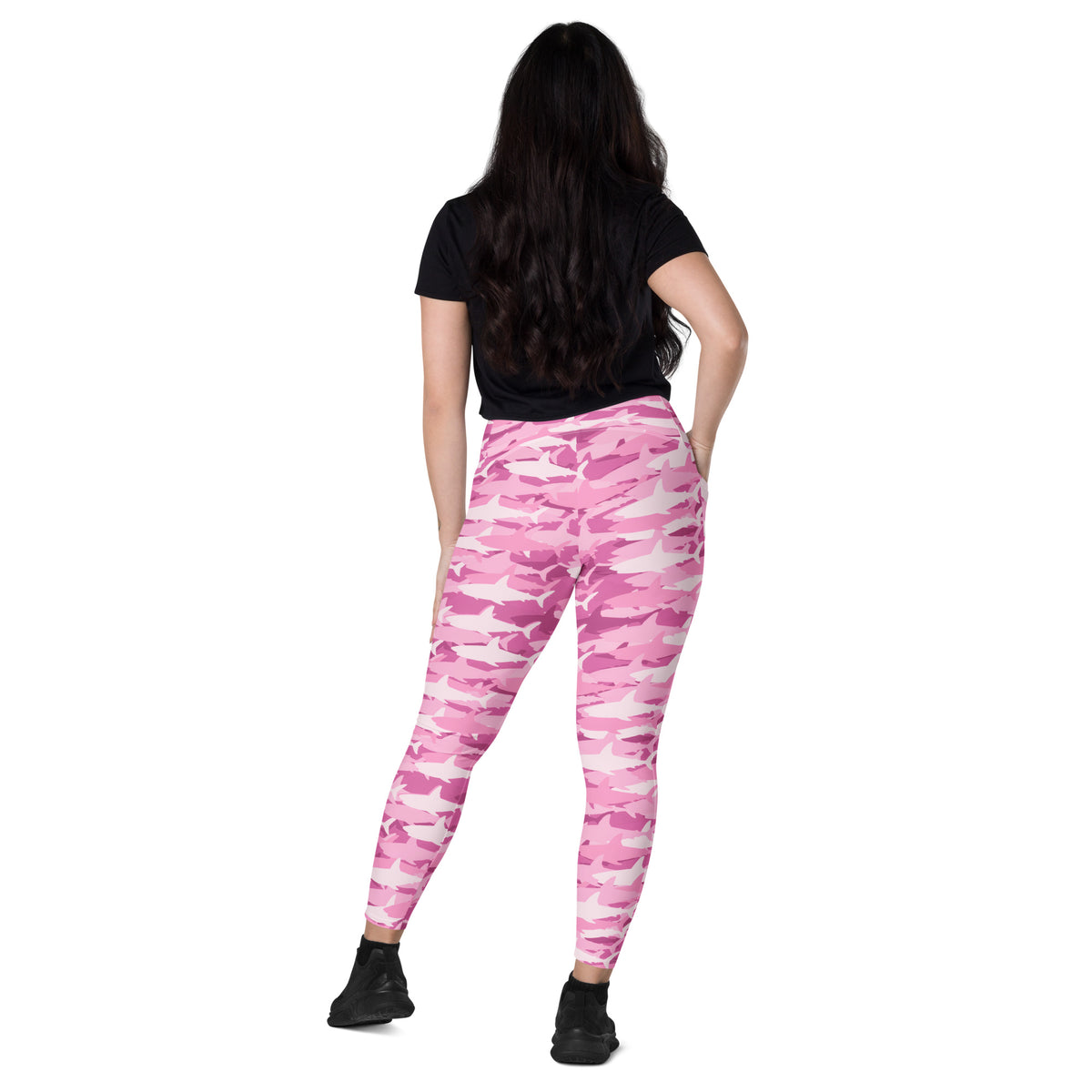 Women’s Pink Shark Camouflage Yoga Leggings With Pockets – High-Waisted, Soft Compression Active Pants
