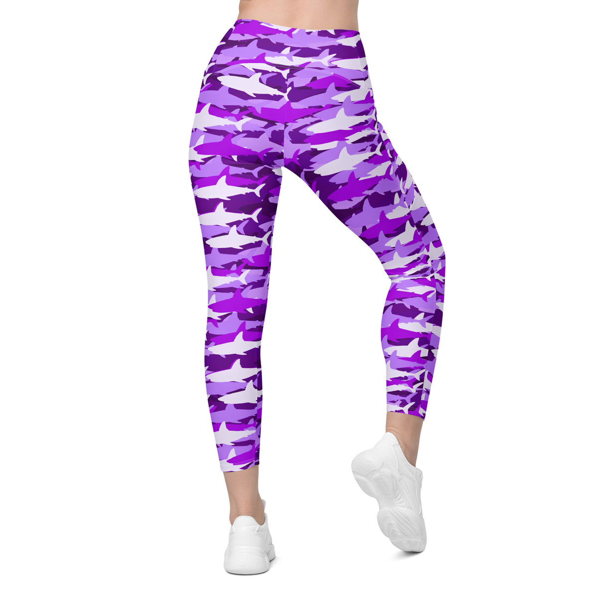 Women’s Purple Shark Camouflage Yoga Leggings With Pockets – High-Waisted, Soft Compression Active Pants
