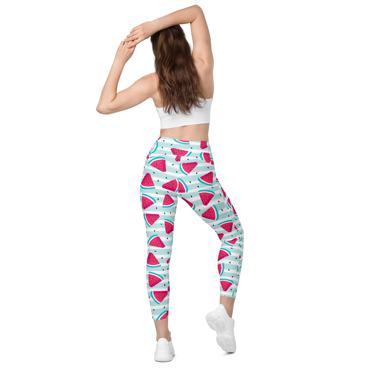 Women’s Watermelon Stripe Yoga Leggings With Pockets – High-Waisted, Soft Compression Active Pants