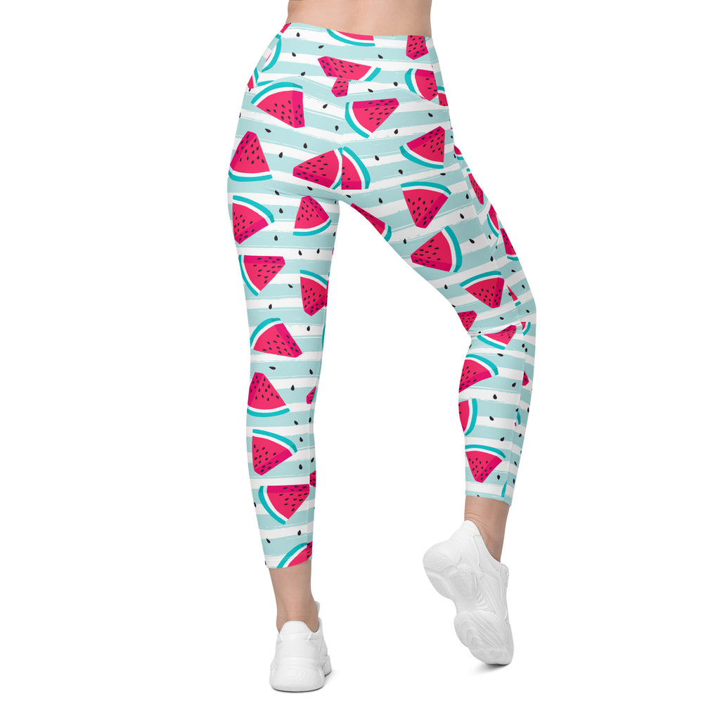 Women’s Watermelon Stripe Yoga Leggings With Pockets – High-Waisted, Soft Compression Active Pants