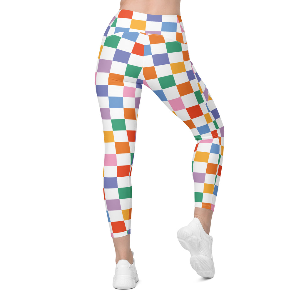 Women’s Colorful Checkered Yoga Leggings With Pockets – High-Waisted, Soft Compression Active Pants