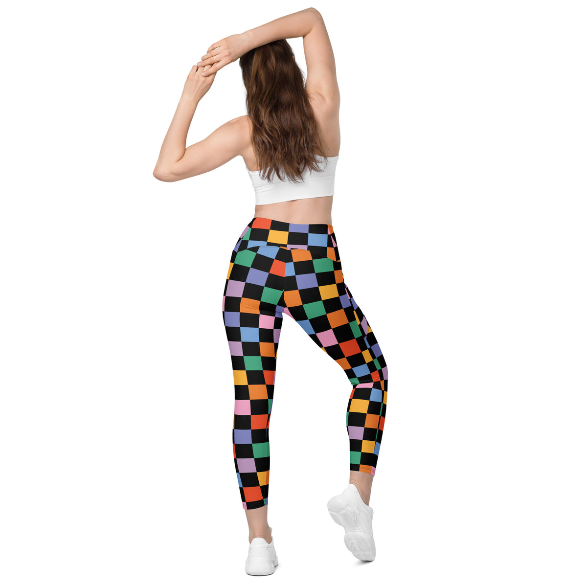 Women’s Dark Colorful Checkered Yoga Leggings With Pockets – High-Waisted, Soft Compression Active Pants