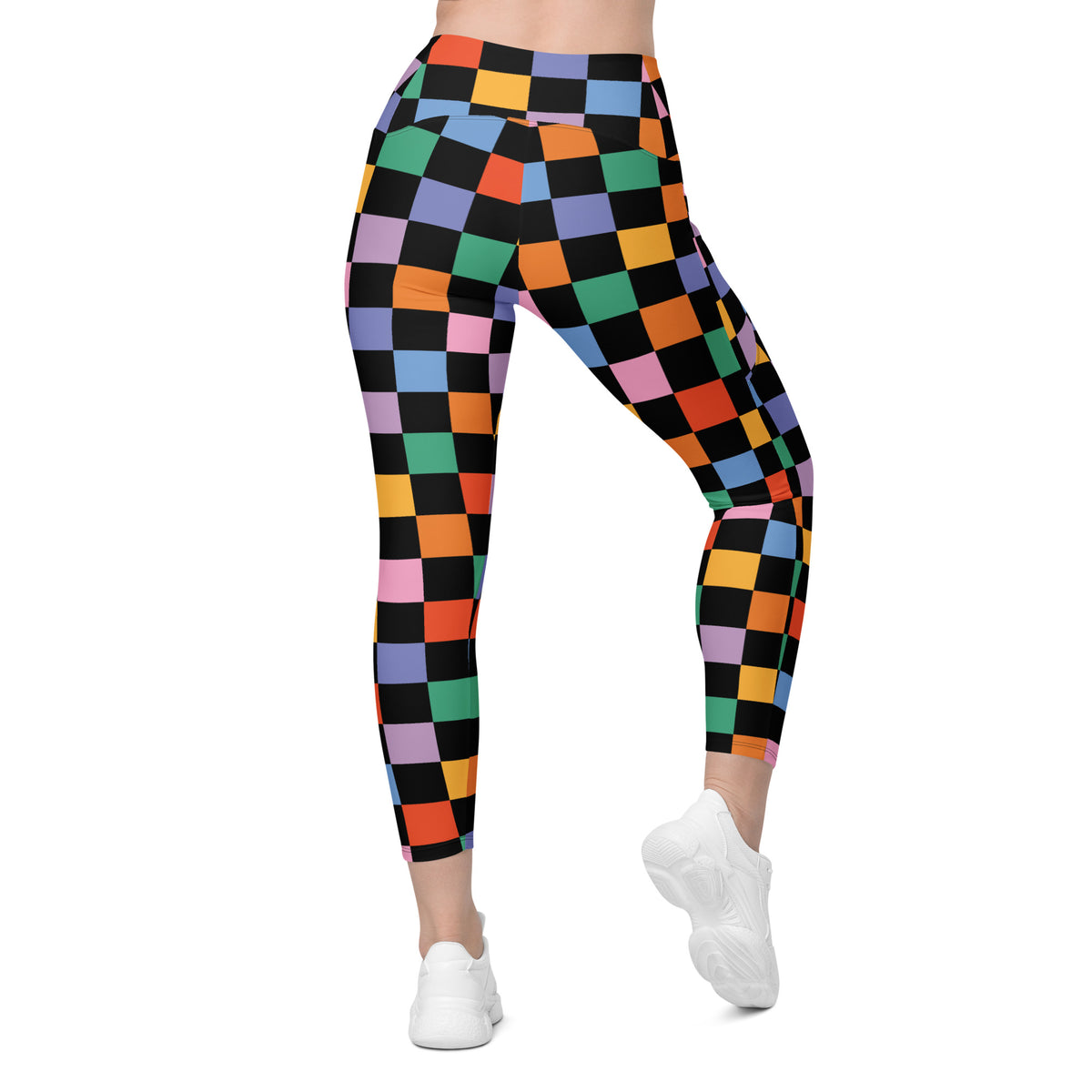 Women’s Dark Colorful Checkered Yoga Leggings With Pockets – High-Waisted, Soft Compression Active Pants