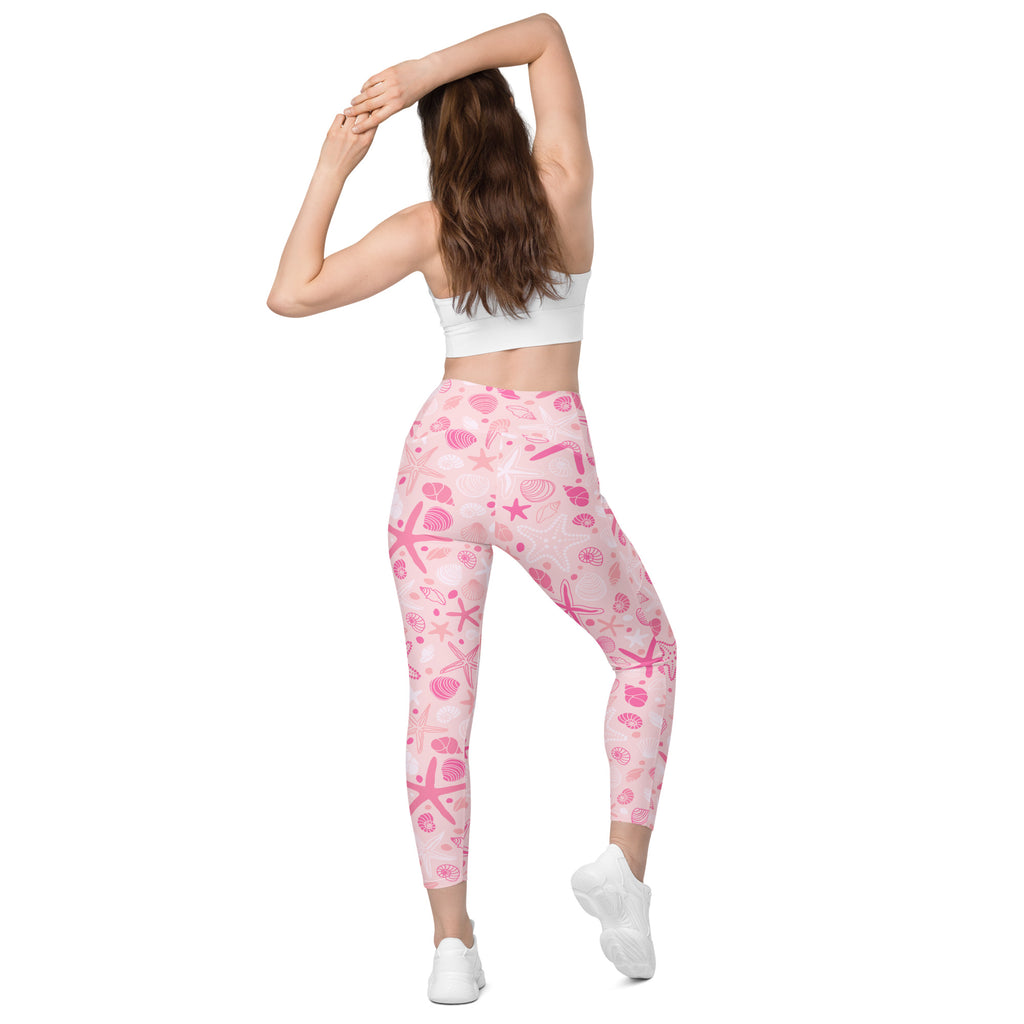 Women’s Pink Starfish & Shells Yoga Leggings With Pockets – High-Waisted, Soft Compression Active Pants