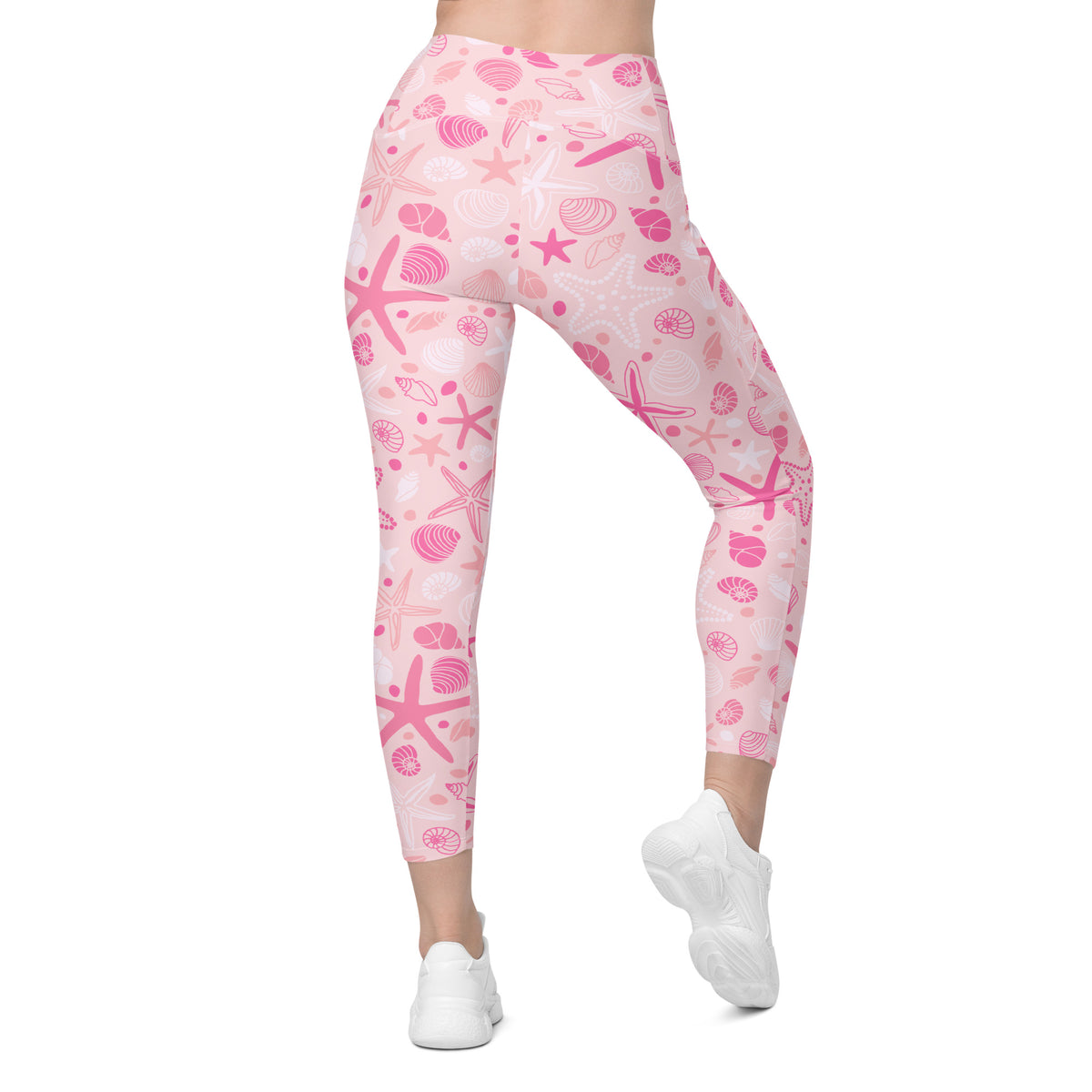 Women’s Pink Starfish & Shells Yoga Leggings With Pockets – High-Waisted, Soft Compression Active Pants