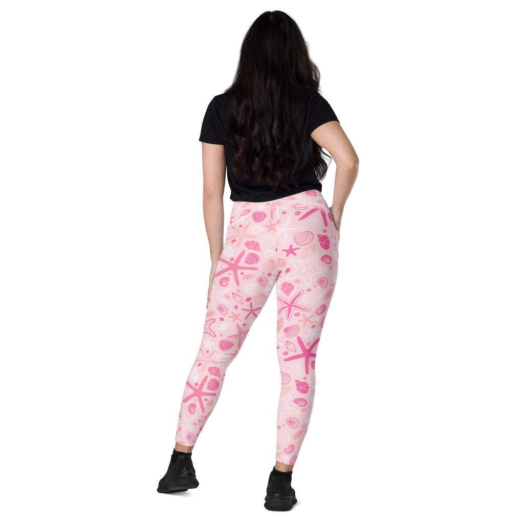Women’s Pink Starfish & Shells Yoga Leggings With Pockets – High-Waisted, Soft Compression Active Pants
