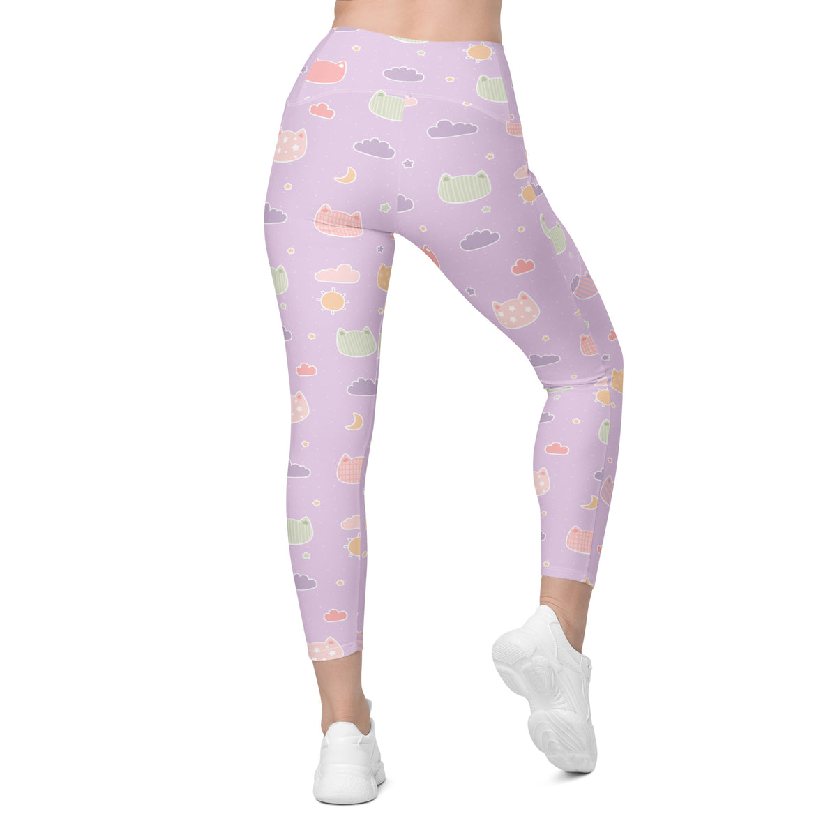 Women’s Pastel Purple Kawaii Cats & Clouds Yoga Leggings With Pockets – High-Waisted, Soft Compression Active Pants