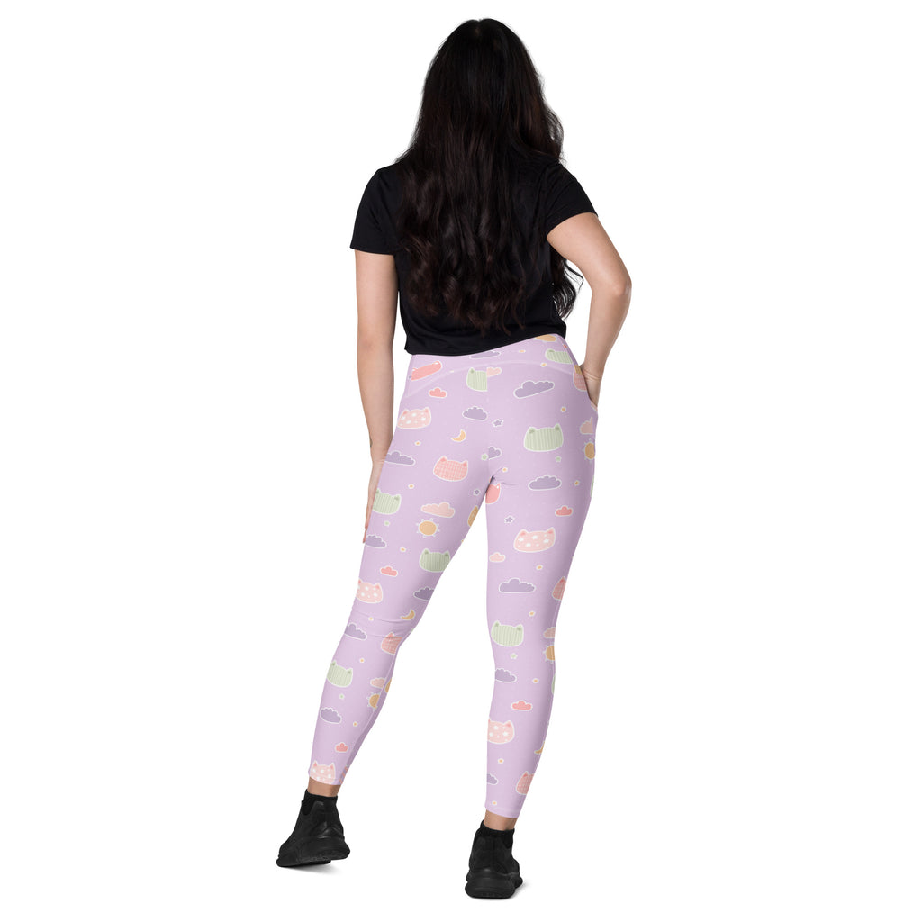 Women’s Pastel Purple Kawaii Cats & Clouds Yoga Leggings With Pockets – High-Waisted, Soft Compression Active Pants
