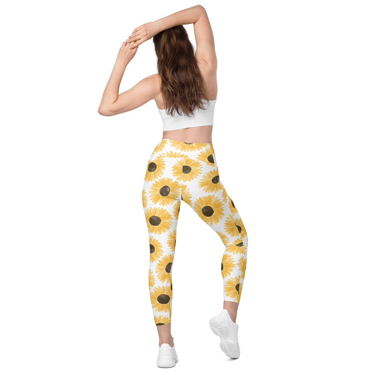 Women’s Watercolor Sunflower Yoga Leggings With Pockets – High-Waisted, Soft Compression Active Pants