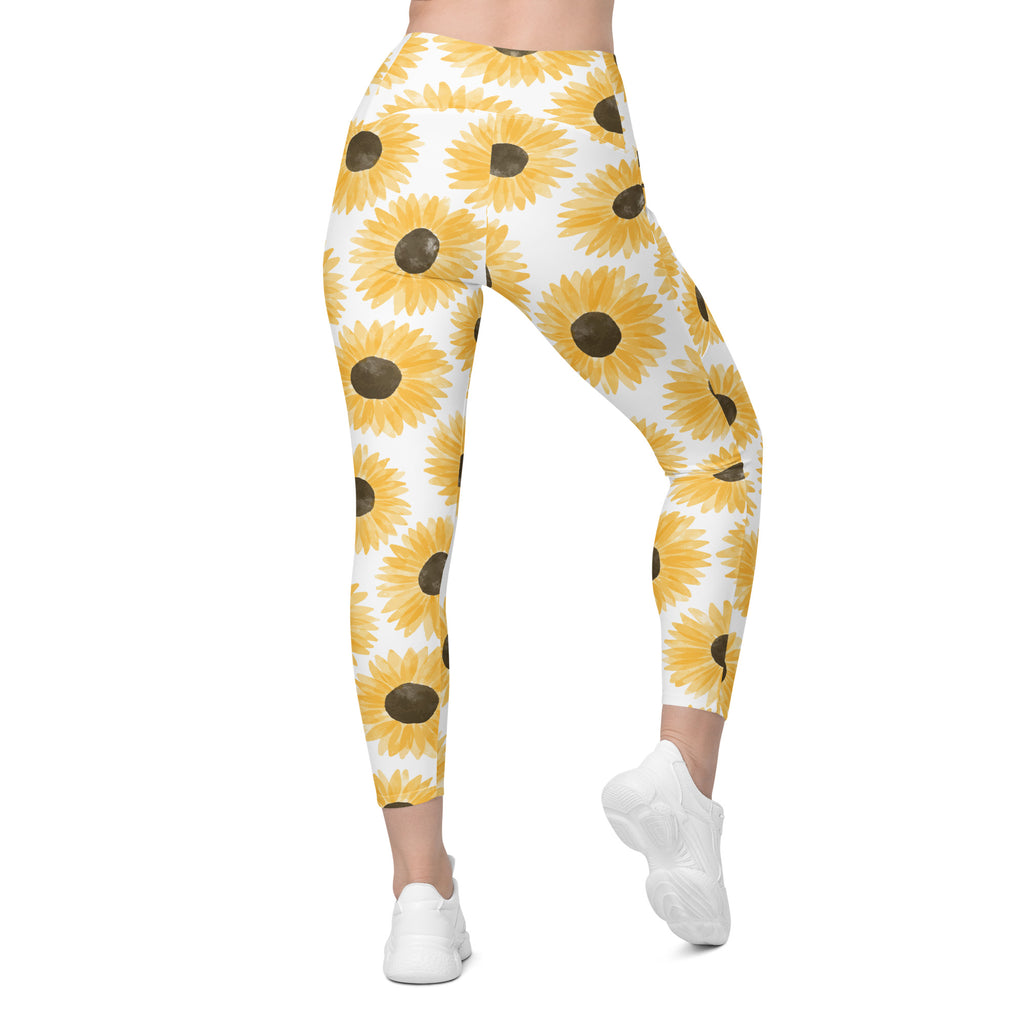 Women’s Watercolor Sunflower Yoga Leggings With Pockets – High-Waisted, Soft Compression Active Pants