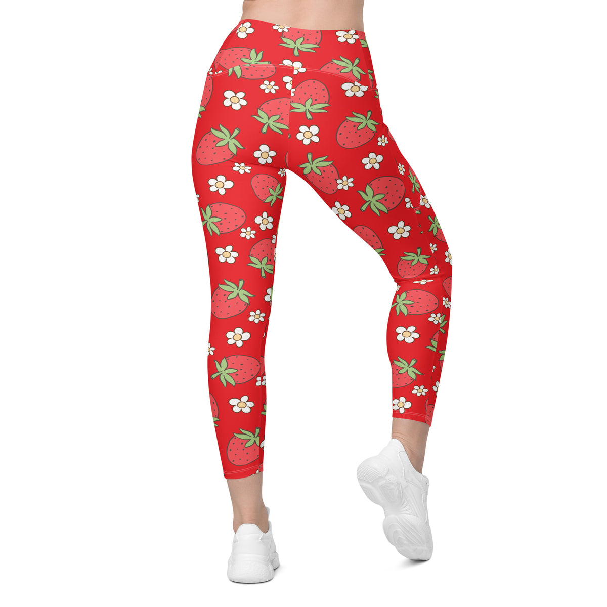 Women’s Floral Strawberry Yoga Leggings With Pockets – High-Waisted, Soft Compression Active Pants