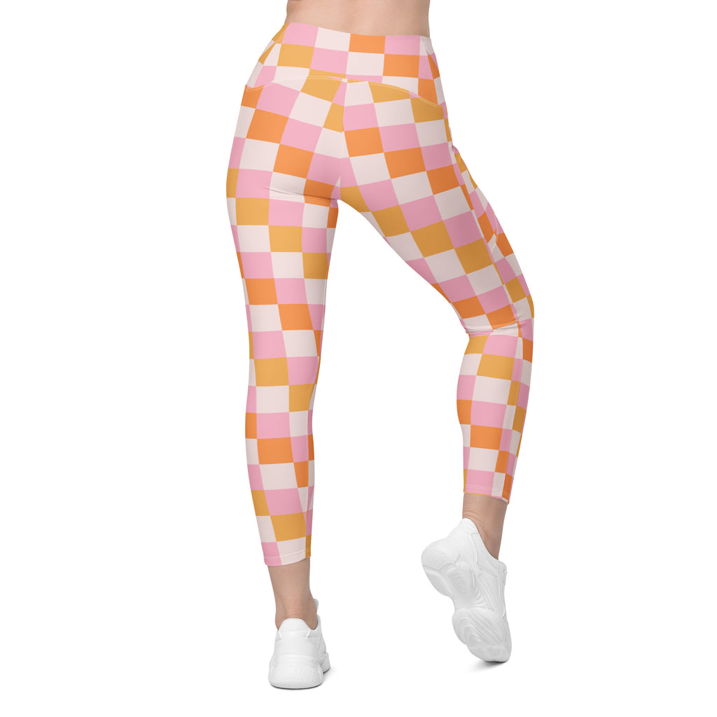 Women’s Pink & Orange Checkered Yoga Leggings With Pockets – High-Waisted, Soft Compression Active Pants