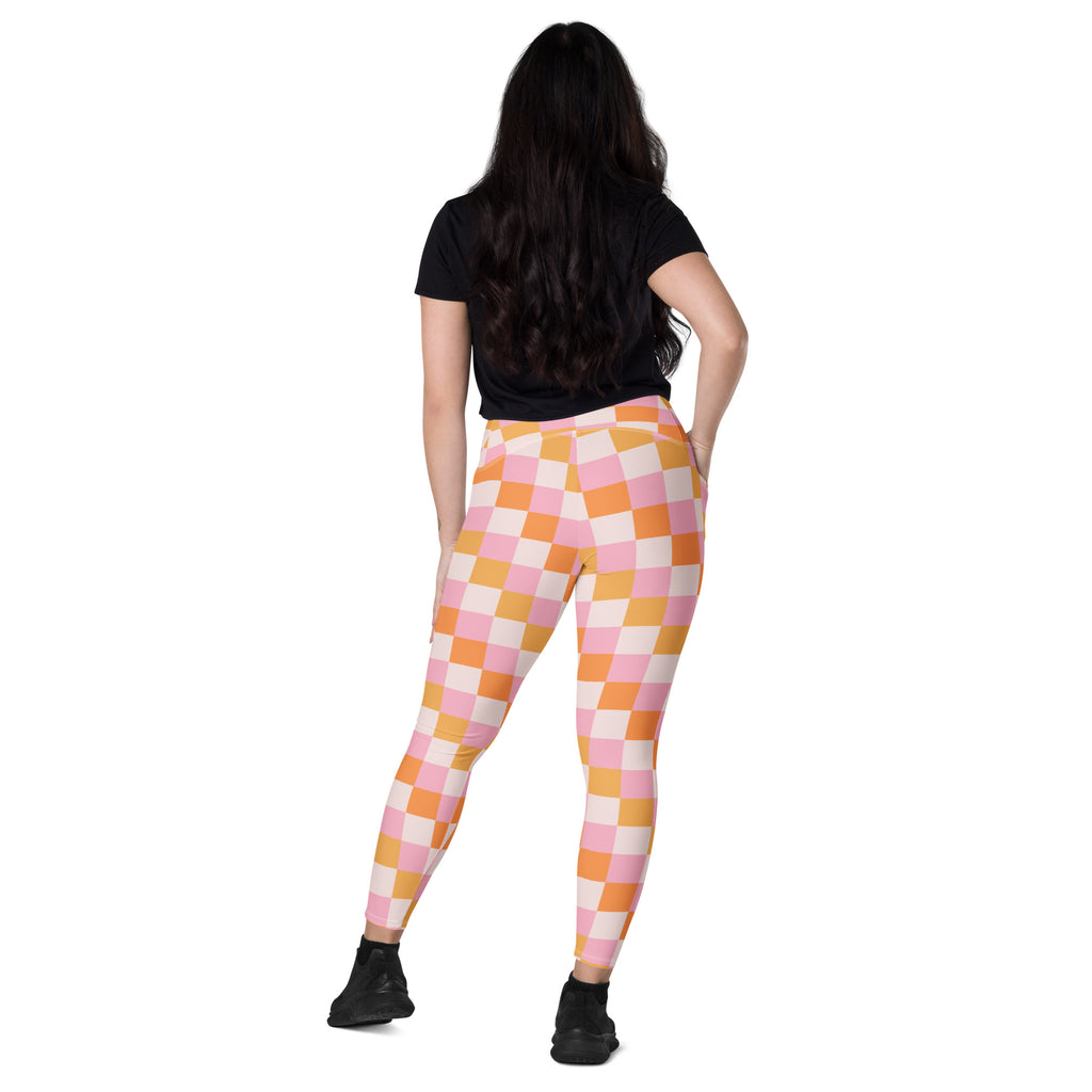 Women’s Pink & Orange Checkered Yoga Leggings With Pockets – High-Waisted, Soft Compression Active Pants