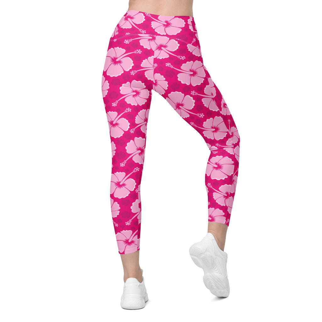 Women’s Tropical Pink Hibiscus Yoga Leggings With Pockets – High-Waisted, Soft Compression Active Pants
