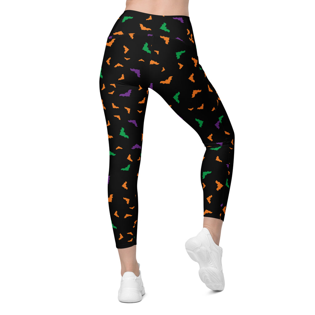 Women’s Colorful Bats Halloween Leggings With Pockets – High-Waisted, Soft Compression Active Pants