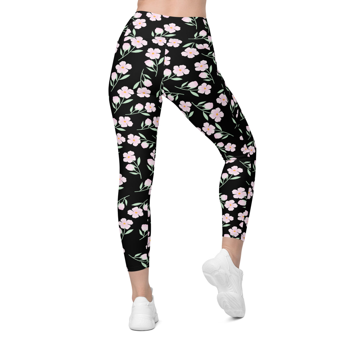 Women’s Pink Floral Leggings With Pockets – High-Waisted, Soft Compression Active Pants