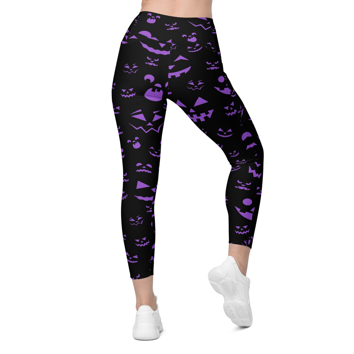 Women’s Purple Jack O’ Lantern Faces Halloween Yoga Leggings With Pockets – High-Waisted, Soft Compression Active Pants