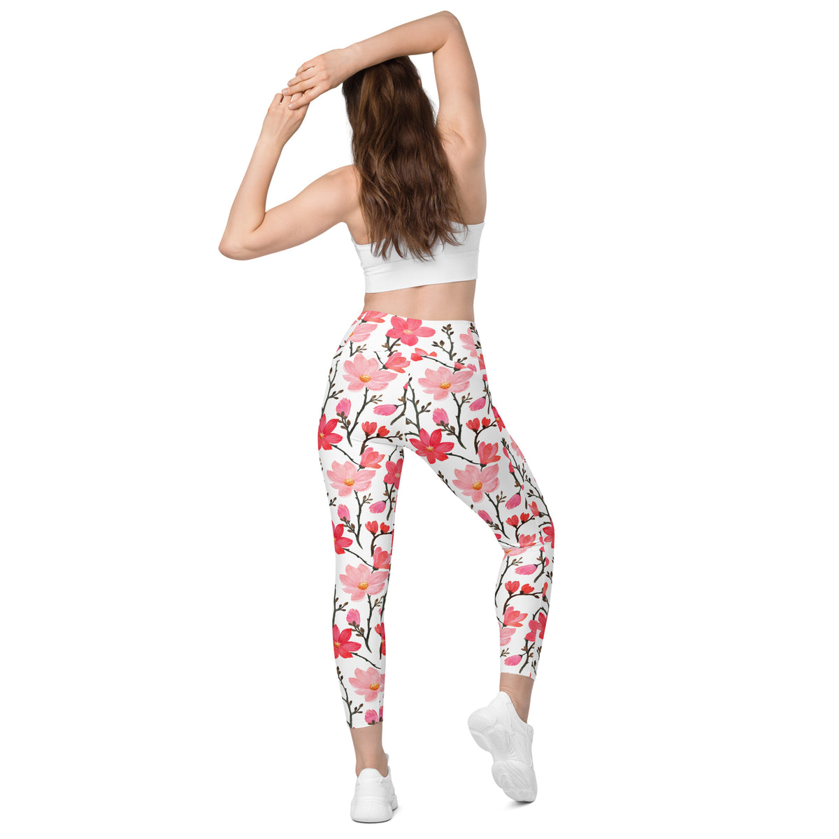 Women’s Pink Watercolor Floral Yoga Leggings With Pockets – High-Waisted, Soft Compression Active Pants