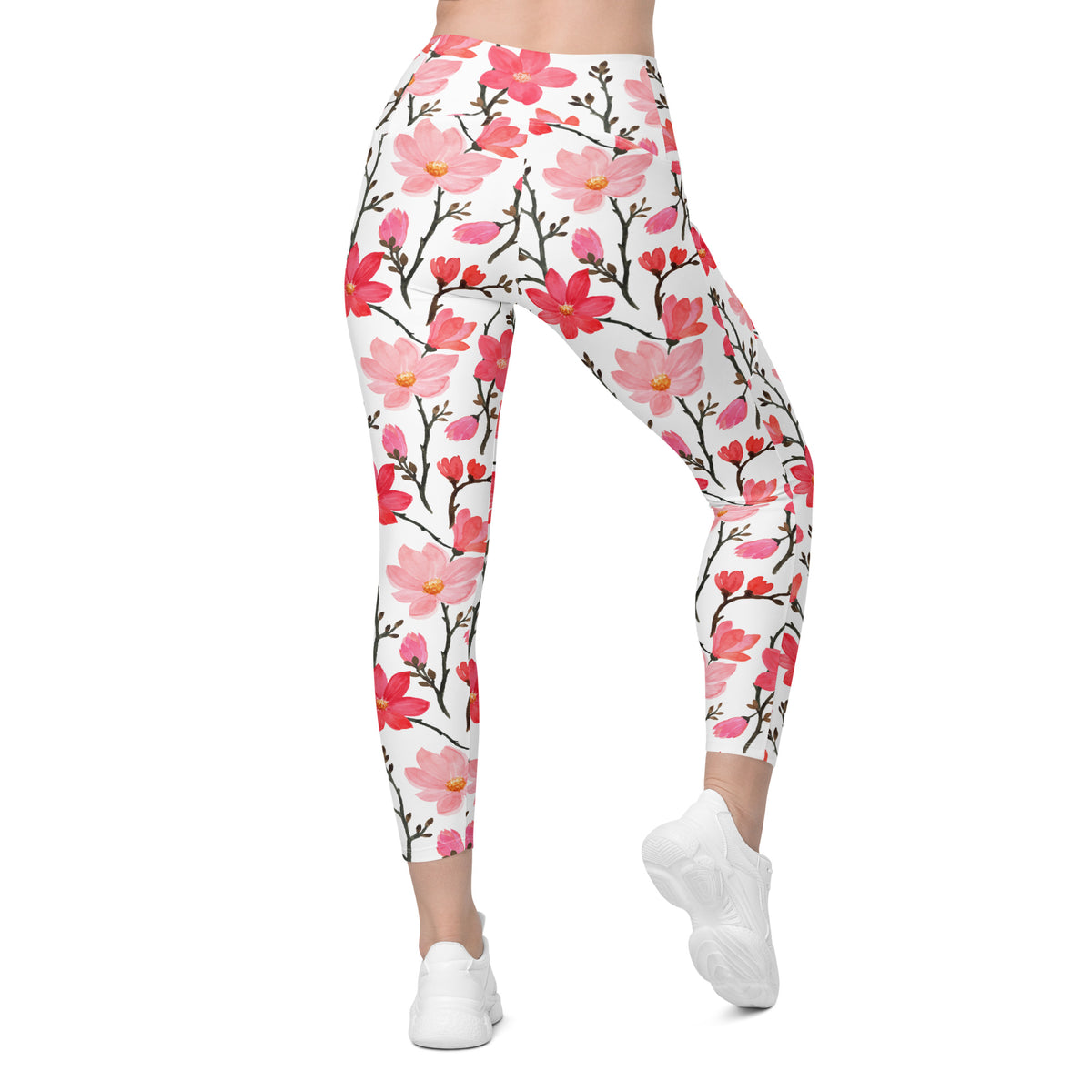 Women’s Pink Watercolor Floral Yoga Leggings With Pockets – High-Waisted, Soft Compression Active Pants