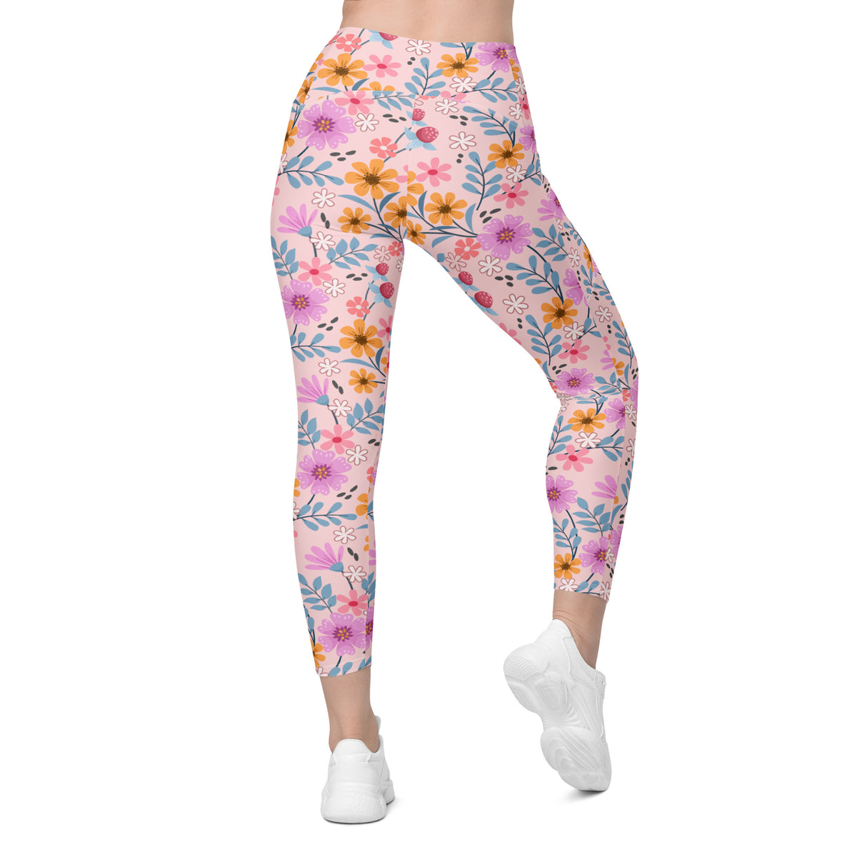 Women’s Colorful Pink Floral Yoga Leggings With Pockets – High-Waisted, Soft Compression Active Pants
