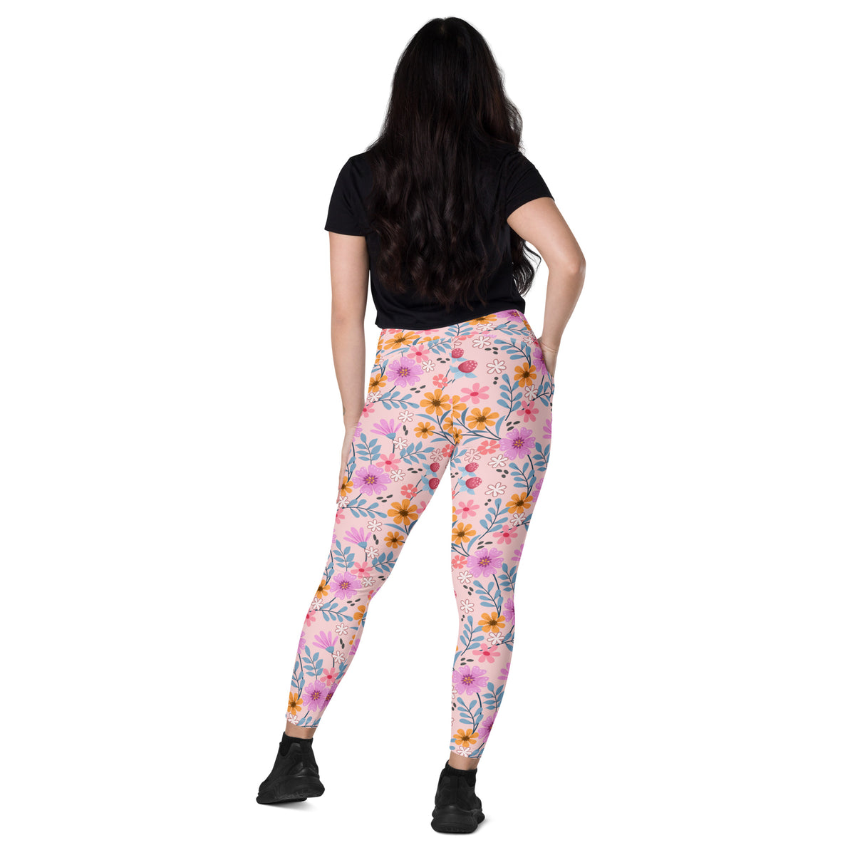 Women’s Colorful Pink Floral Yoga Leggings With Pockets – High-Waisted, Soft Compression Active Pants