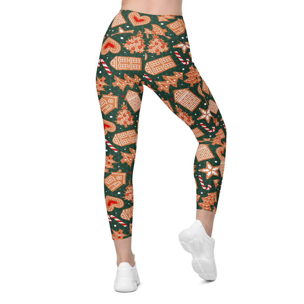 Women’s Green Gingerbread Christmas Yoga Leggings With Pockets – High-Waisted, Soft Compression Active Pants
