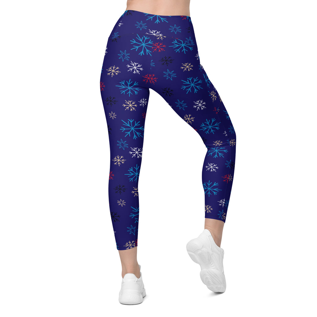 Women’s Blue Snowflake Christmas Yoga Leggings With Pockets – High-Waisted, Soft Compression Active Pants