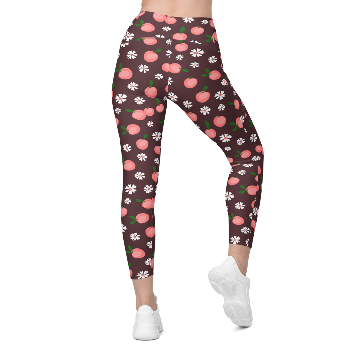 Women’s Peach & Daisy Yoga Leggings With Pockets – High-Waisted, Soft Compression Active Pants