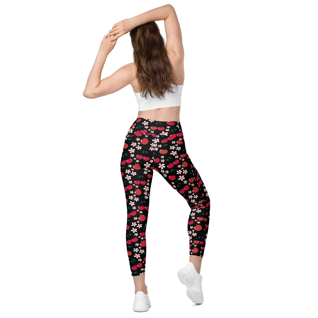Women’s Apple & Cherry Blossom Yoga Leggings With Pockets – High-Waisted, Soft Compression Active Pants