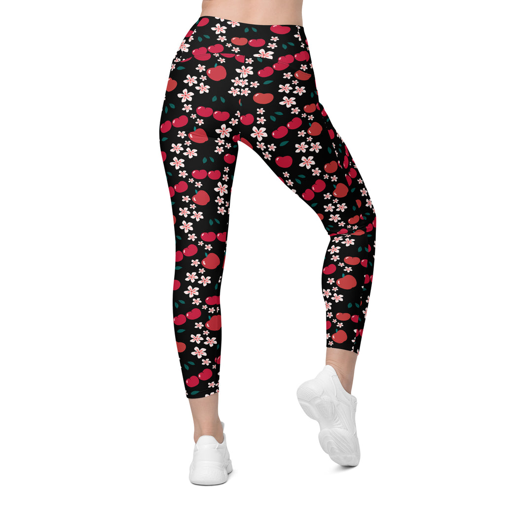 Women’s Apple & Cherry Blossom Yoga Leggings With Pockets – High-Waisted, Soft Compression Active Pants