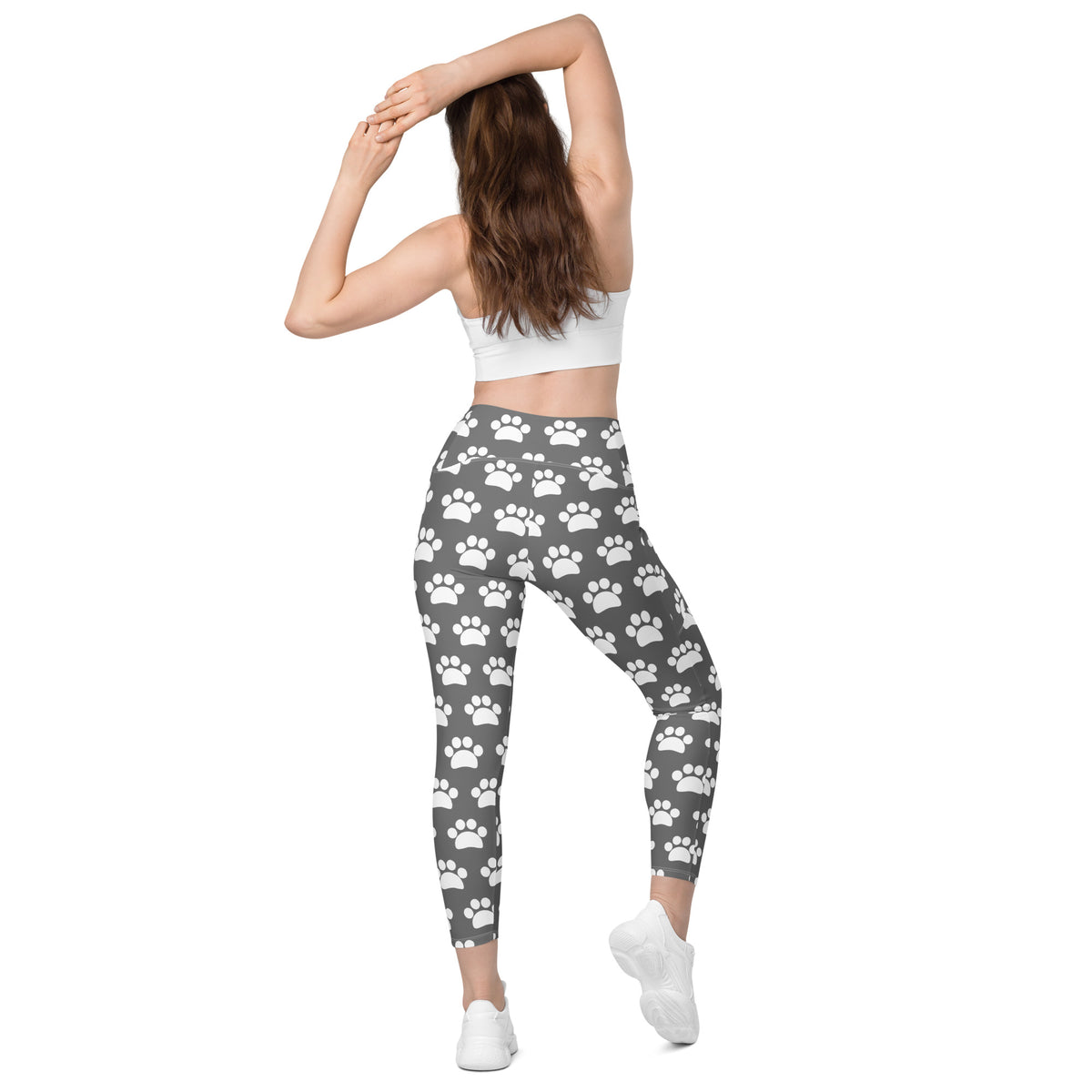 Women’s Gray Paw Print Yoga Leggings With Pockets – High-Waisted, Soft Compression Active Pants