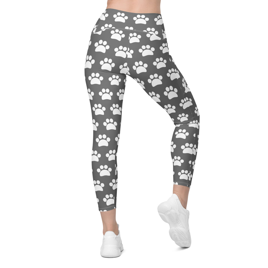 Women’s Gray Paw Print Yoga Leggings With Pockets – High-Waisted, Soft Compression Active Pants